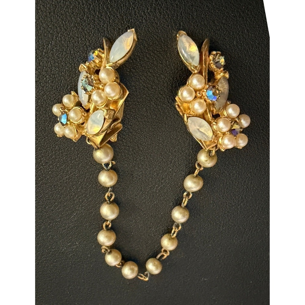 Vintage FLORENZA Sweater Guard Clips Moonglow AB Rhinestone Faux Pearl